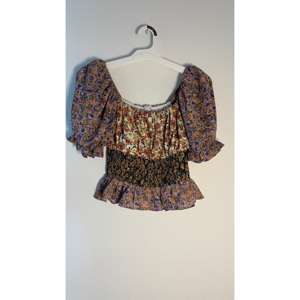 Free The Roses Floral Patchwork Smocked Puff Sleeve Peplum Blouse XS Pink Multi
